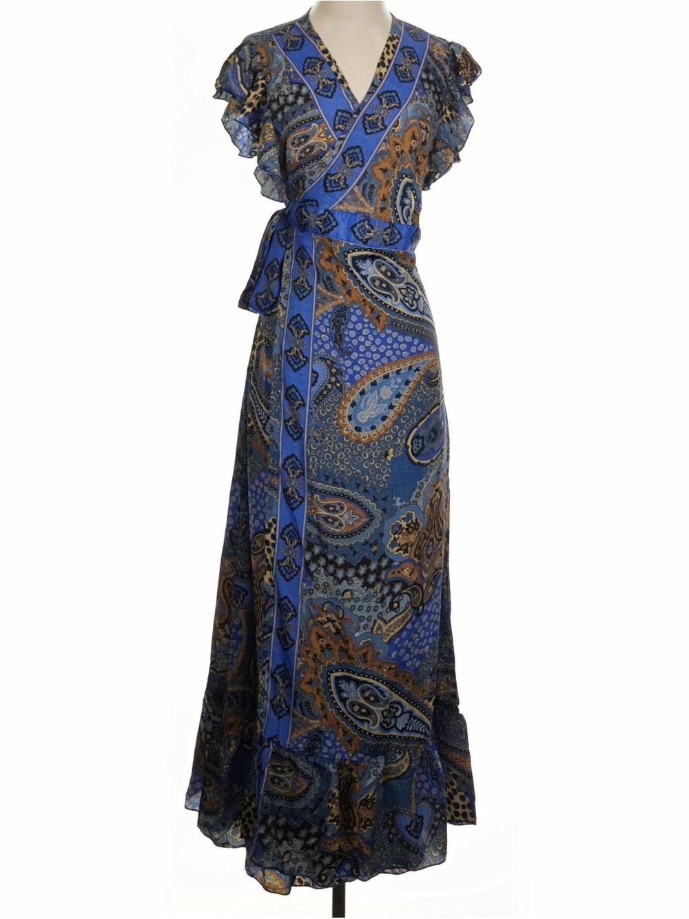 70% Silk Gorgeous Blue Paisley Wrap Maxi Dress with Tie Waist